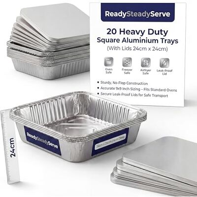 ReadySteadyServe 9x9 Inch Disposable Aluminium Foil Trays with Lids Deep & Durable Foil Baking Trays for Cooking, Freezing, Serving, Potlucks, BBQs, Catering, & Meal Prep Reusable Tin Foil Containers Pack of 20 ReadySteadyServe 9x9 Inch Disposable Aluminium Foil Trays with Lids Deep & Durable Foil Baking Trays for Cooking, Freezing, Serving, Potlucks, BBQs, Catering, & Meal Prep Reusable Tin Foil Containers Pack of 20