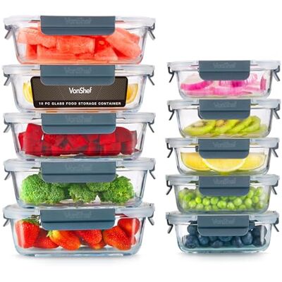 VonShef Meal Prep Glass Containers with Lids, 10 Piece 370ml &1L Capacity Durable Borosilicate Glass, Leak Proof & BPA Free, Oven, Microwave, Freezer & Dishwasher Safe Food Lunch Boxes VonShef Meal Prep Glass Containers with Lids, 10 Piece 370ml &1L Capacity Durable Borosilicate Glass, Leak Proof & BPA Free, Oven, Microwave, Freezer & Dishwasher Safe Food Lunch Boxes
