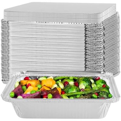 FUNSUEI 50 PCS Aluminium Foil Trays with Lids, 1100ml Foil Food Containers for Food Storage, Baking, and Party Cooking, 21.5x16x5cm FUNSUEI 50 PCS Aluminium Foil Trays with Lids, 1100ml Foil Food Containers for Food Storage, Baking, and Party Cooking, 21.5x16x5cm