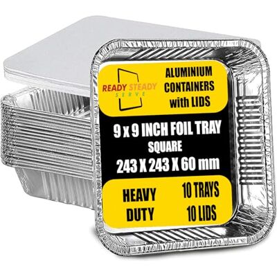 ReadySteadyServe 9x9 Inch Disposable Aluminium Foil Trays with Lids Deep & Durable Foil Baking Trays for Cooking, Freezing, Serving, Potlucks, BBQs, Catering, & Meal Prep Reusable Tin Foil Containers Pack of 10 ReadySteadyServe 9x9 Inch Disposable Aluminium Foil Trays with Lids Deep & Durable Foil Baking Trays for Cooking, Freezing, Serving, Potlucks, BBQs, Catering, & Meal Prep Reusable Tin Foil Containers Pack of 10