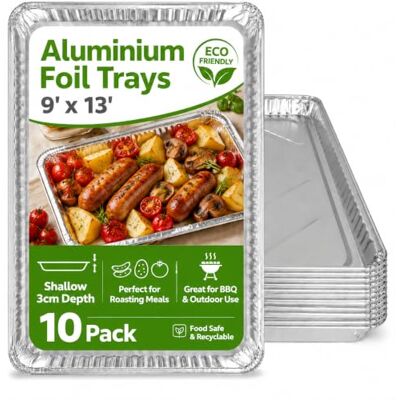GilesEdward 10 Pack Reusable Aluminium Foil Trays 32x21x3cm Heavy Duty Tin Foil Baking Trays for Oven Roasting, BBQ, Catering & Meal Prep Recyclable Food Storage Containers, Freezer Safe Without Lids (10) GilesEdward 10 Pack Reusable Aluminium Foil Trays 32x21x3cm Heavy Duty Tin Foil Baking Trays for Oven Roasting, BBQ, Catering & Meal Prep Recyclable Food Storage Containers, Freezer Safe Without Lids (10)