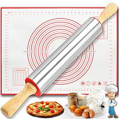 BOCHION Rolling Pin and Silicone Baking Pastry Mat Set, Smooth Non Stick Stainless Steel Dough Roller, Rolling Pins with Wooden Handle + BBQ Mat for Baking Pizza, Pastries, Pasta, Cookies, Fondant Icing BOCHION Rolling Pin and Silicone Baking Pastry Mat Set, Smooth Non Stick Stainless Steel Dough Roller, Rolling Pins with Wooden Handle + BBQ Mat for Baking Pizza, Pastries, Pasta, Cookies, Fondant Icing