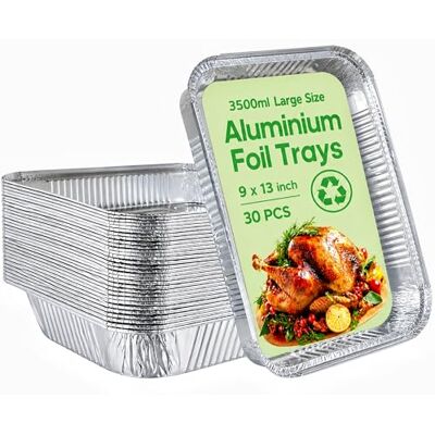 GilesEdward 30 Pack Large Aluminium Foil Trays (32x21x5 cm) Bulk Heavy Duty Roasting Pans & Deep Baking Tins Reusable Rectangular Containers for Catering, BBQ, Meal Prep & Freezer, 9x13inch (3500ml) GilesEdward 30 Pack Large Aluminium Foil Trays (32x21x5 cm) Bulk Heavy Duty Roasting Pans & Deep Baking Tins Reusable Rectangular Containers for Catering, BBQ, Meal Prep & Freezer, 9x13inch (3500ml)