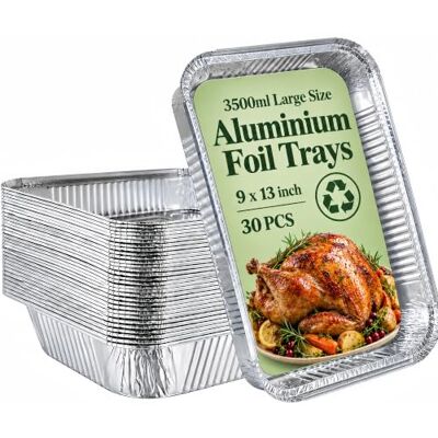 GilesEdward 30 Pack Large Aluminium Foil Trays 32x21x5cm, Heavy Duty Tin Pans 9''x13'' Deep Baking Tins Reusable Rectangular Containers for Catering, Roasting, Grilling, BBQ, Meal Prep & Freezer, Oven Safe 3500ml GilesEdward 30 Pack Large Aluminium Foil Trays 32x21x5cm, Heavy Duty Tin Pans 9''x13'' Deep Baking Tins Reusable Rectangular Containers for Catering, Roasting, Grilling, BBQ, Meal Prep & Freezer, Oven Safe 3500ml