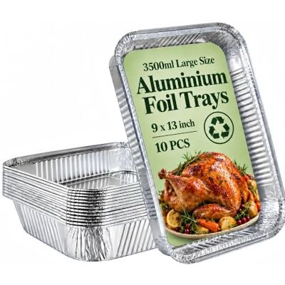 GilesEdward 10 Pack Large Aluminium Foil Trays 32x21x5cm Heavy Duty Roasting Pans Deep Baking Tins Reusable Rectangular Containers for Catering, Roasting, Grilling, BBQ, Meal Prep & Freezer, Oven Safe 3500ml GilesEdward 10 Pack Large Aluminium Foil Trays 32x21x5cm Heavy Duty Roasting Pans Deep Baking Tins Reusable Rectangular Containers for Catering, Roasting, Grilling, BBQ, Meal Prep & Freezer, Oven Safe 3500ml