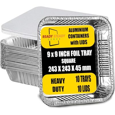 ReadySteadyServe 9x9 Inch Disposable Aluminium Foil Trays with Lids Durable Foil Baking Trays for Cooking, Freezing, Serving, Potlucks, BBQs, Catering, & Meal Prep Reusable Tin Foil Containers Pack of 10 ReadySteadyServe 9x9 Inch Disposable Aluminium Foil Trays with Lids Durable Foil Baking Trays for Cooking, Freezing, Serving, Potlucks, BBQs, Catering, & Meal Prep Reusable Tin Foil Containers Pack of 10