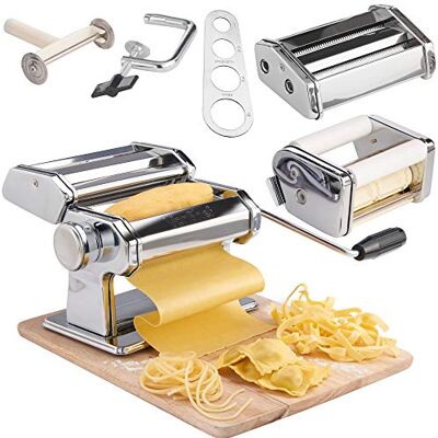 VonShef Manual Pasta Machine, Professional Stainless Steel Pasta Maker with Three Adjustable Crank Rollers & Nine Thickness Settings, Includes Secure Clamp, Pasta Cutter & Spaghetti Measurer VonShef Manual Pasta Machine, Professional Stainless Steel Pasta Maker with Three Adjustable Crank Rollers & Nine Thickness Settings, Includes Secure Clamp, Pasta Cutter & Spaghetti Measurer
