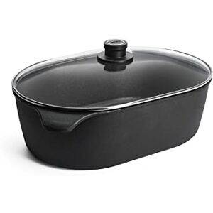 Woll Nowo Titanium jumbo roaster with glass lid in box 40x27 cm 13 cm high 10.5 liter suitable for ceramic, gas, electric, halogen-not suitable for induction, cast aluminum pot, ovenproof, black Woll Nowo Titanium jumbo roaster with glass lid in box 40x27 cm 13 cm high 10.5 liter suitable for ceramic, gas, electric, halogen-not suitable for induction, cast aluminum pot, ovenproof, black