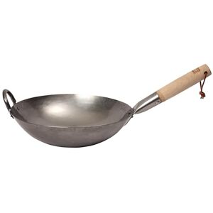 School of Wok 12"/30cm Uncoated Carbon Steel Craft Wok, Flat Bottom, Beech Handle, for All Hobs, Serves 2-3 People School of Wok 12"/30cm Uncoated Carbon Steel Craft Wok, Flat Bottom, Beech Handle, for All Hobs, Serves 2-3 People