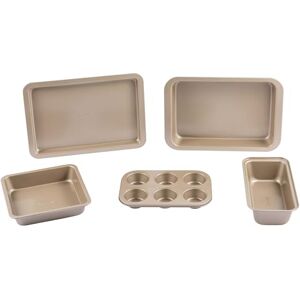 Salter Bakes 5 Piece Bakeware Set – Non-Stick Coated Roaster, Baking Tray, Square Pan, Loaf Tin, Muffin Tray, Oven Safe Up to 220°C, PFOA-Free, for Cake/Cookies/Bread/Muffins, Gold Salter Bakes 5 Piece Bakeware Set – Non-Stick Coated Roaster, Baking Tray, Square Pan, Loaf Tin, Muffin Tray, Oven Safe Up to 220°C, PFOA-Free, for Cake/Cookies/Bread/Muffins, Gold