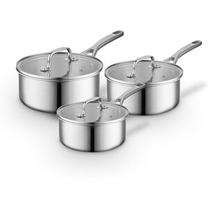 Sur La Table Tri-Ply 3 Piece Saucepan Set with Tempered Glass Lids, Satin Interior Finish, 16cm/18cm/20cm Saucepans, Induction Compatible, Stainless Steel, SLT900234 Sur La Table Tri-Ply 3 Piece Saucepan Set with Tempered Glass Lids, Satin Interior Finish, 16cm/18cm/20cm Saucepans, Induction Compatible, Stainless Steel, SLT900234