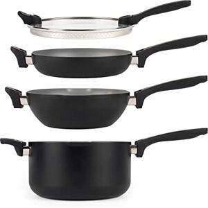 Salter BW10233 Stackable 4 Piece Pan Set, Space Saving, Pouring Lip, All Hob Types Including Induction, Non-Stick, Little to No Oil, Universal Glass Lid, Soft Touch Handle, Easy Clean, Grey, Black Salter BW10233 Stackable 4 Piece Pan Set, Space Saving, Pouring Lip, All Hob Types Including Induction, Non-Stick, Little to No Oil, Universal Glass Lid, Soft Touch Handle, Easy Clean, Grey, Black