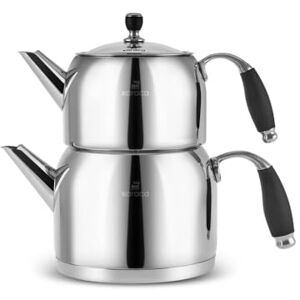 KARACA Stella Stainless Steel Turkish Teapot Set, 1L Turkish Tea Pot & 2L Water Tank, Silver Caydanlik, Induction Hob Compatible KARACA Stella Stainless Steel Turkish Teapot Set, 1L Turkish Tea Pot & 2L Water Tank, Silver Caydanlik, Induction Hob Compatible