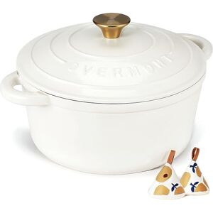 OVERMONT 26cm/5.2L Enamelled Cast Iron Round Casserole Dish With Lid,5.5QT, Cookbook -Non-stick Dutch Oven for Braising, Stews, Roasting, Bread Baking Pearl White OVERMONT 26cm/5.2L Enamelled Cast Iron Round Casserole Dish With Lid,5.5QT, Cookbook -Non-stick Dutch Oven for Braising, Stews, Roasting, Bread Baking Pearl White