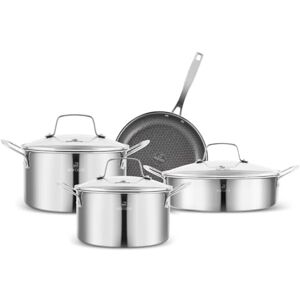 KARACA Ceramica Steel 3-Ply Stainless Steel Pot & Pan Set, Induction Cookware Set 7 Piece, Ceramic Non-Stick Coating Cooking Pots with Lids, Silver KARACA Ceramica Steel 3-Ply Stainless Steel Pot & Pan Set, Induction Cookware Set 7 Piece, Ceramic Non-Stick Coating Cooking Pots with Lids, Silver