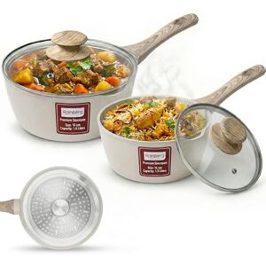 Rainberg Saucepan with Lid, Nonstick Milk Pan Suitable with Induction, Gas and Electric Hobs, Cooking Pot with Pour Spout. (Beige, 2PK 16 & 18cm) Rainberg Saucepan with Lid, Nonstick Milk Pan Suitable with Induction, Gas and Electric Hobs, Cooking Pot with Pour Spout. (Beige, 2PK 16 & 18cm)