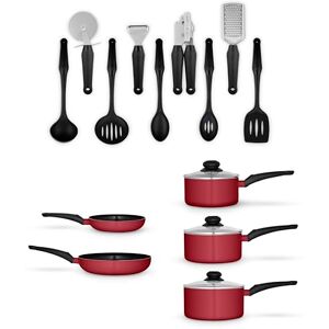 SWAN SWPS5022RED Townhouse 14 Piece Aluminium Cookware and Tool Set with 16/18/20cm saucepans with Glass Lids and 20/26cm Frying Pans, Red SWAN SWPS5022RED Townhouse 14 Piece Aluminium Cookware and Tool Set with 16/18/20cm saucepans with Glass Lids and 20/26cm Frying Pans, Red
