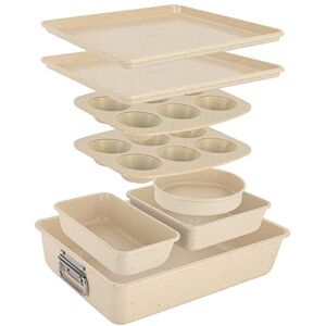Nutrichef Stackable Carbon Steel Non-Stick Bakeware Set – 8-Piece, Baking Sheet, Muffin, Round, Loaf, Square & Deep Pans, Heat Resistant, for Standard & Convection Ovens (Marble Cream) Nutrichef Stackable Carbon Steel Non-Stick Bakeware Set – 8-Piece, Baking Sheet, Muffin, Round, Loaf, Square & Deep Pans, Heat Resistant, for Standard & Convection Ovens (Marble Cream)