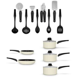 Swan Townhouse 14 Piece Aluminium Cookware and Tool Set with 16/18/20cm Saucepans with Glass Lids and 20/26cm Frying Pans, Cream Swan Townhouse 14 Piece Aluminium Cookware and Tool Set with 16/18/20cm Saucepans with Glass Lids and 20/26cm Frying Pans, Cream