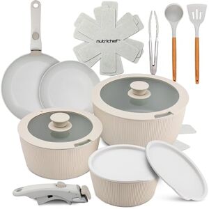 Nutrichef 18-Piece Ceramic Cookware Set with Detachable Handles, Non Stick Pots and Pans, PTFE-Free Natural Ceramic Coating, Space-Saving Design, Oven & Stove Safe, Includes Utensils, Cream Nutrichef 18-Piece Ceramic Cookware Set with Detachable Handles, Non Stick Pots and Pans, PTFE-Free Natural Ceramic Coating, Space-Saving Design, Oven & Stove Safe, Includes Utensils, Cream