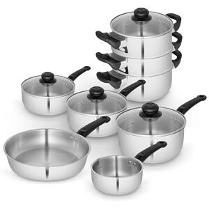 Swan Townhouse 8 Piece Stainless Steel Cookware Set with 16/18/20cm Saucepans with Glass Lids, 14cm Milk Pan, 24cm Frying Pan, 18cm 3 Tier Steamer, Stainless Steel Swan Townhouse 8 Piece Stainless Steel Cookware Set with 16/18/20cm Saucepans with Glass Lids, 14cm Milk Pan, 24cm Frying Pan, 18cm 3 Tier Steamer, Stainless Steel