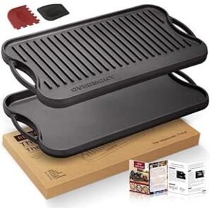 OVERMONT Pre-Seasoned Cast Iron Reversible Griddle Grill Pan with Handles for Gas Stovetop Open Fire Oven, 43.18 * 24.89CM (17x9.8) One Tray, Scrapers Included OVERMONT Pre-Seasoned Cast Iron Reversible Griddle Grill Pan with Handles for Gas Stovetop Open Fire Oven, 43.18 * 24.89CM (17x9.8) One Tray, Scrapers Included