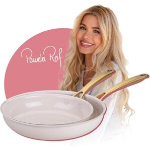 Fackelmann x Pamela Reif Frying Pan Set 2-Piece Diameter 24-28 cm Stylish Pans Made of Recycled Aluminium, Pastel Beige with Elegant Gold PVD Treatment, Suitable for All Hobs Fackelmann x Pamela Reif Frying Pan Set 2-Piece Diameter 24-28 cm Stylish Pans Made of Recycled Aluminium, Pastel Beige with Elegant Gold PVD Treatment, Suitable for All Hobs