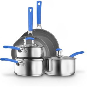 Sur La Table 5 Piece Blue Colour Me Happy Cookware Set, 16/18/20cm Saucepans, 24/28cm Frying Pans, 360° Pouring Lips, Comfortable Grip Stainless Steel, Induction Compatible Sur La Table 5 Piece Blue Colour Me Happy Cookware Set, 16/18/20cm Saucepans, 24/28cm Frying Pans, 360° Pouring Lips, Comfortable Grip Stainless Steel, Induction Compatible