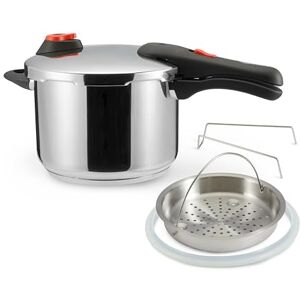 Amazon Basics Stainless Steel Pressure Cooker with Steamer, 6 litres, Silver Amazon Basics Stainless Steel Pressure Cooker with Steamer, 6 litres, Silver