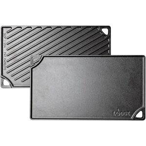 Lodge Pre-Seasoned Cast Iron 2-in-1 Double-Sided Reversible Grill Pan/Griddle Plate for Indoor and Outdoor Use. Flat and Ridged. Induction, Oven, Grill and Metal Utensil Safe. Made in The USA Lodge Pre-Seasoned Cast Iron 2-in-1 Double-Sided Reversible Grill Pan/Griddle Plate for Indoor and Outdoor Use. Flat and Ridged. Induction, Oven, Grill and Metal Utensil Safe. Made in The USA