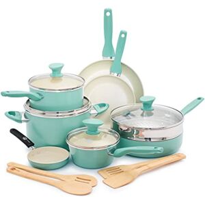 Greenpan Rio Healthy Ceramic Non-Stick 16 Piece Pots and Pans Cookware Set, Includes Frying Pans, Saucepans, Utensils,PFAS Free,Stay-Cool Handle,Oven Safe up to 160°C,Dishwasher Safe,Turquoise & Cream Greenpan Rio Healthy Ceramic Non-Stick 16 Piece Pots and Pans Cookware Set, Includes Frying Pans, Saucepans, Utensils,PFAS Free,Stay-Cool Handle,Oven Safe up to 160°C,Dishwasher Safe,Turquoise & Cream
