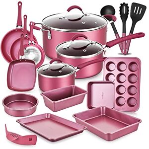 Nutrichef Metallic Pots and Pans Set Non Stick, 20 Pcs Induction Hob Ceramic Cookware, Nonstick Cooking with Frying Pans, Pots and Pan Baking with Lids and Utensils, Saucepan Set, Maroon Pink Nutrichef Metallic Pots and Pans Set Non Stick, 20 Pcs Induction Hob Ceramic Cookware, Nonstick Cooking with Frying Pans, Pots and Pan Baking with Lids and Utensils, Saucepan Set, Maroon Pink