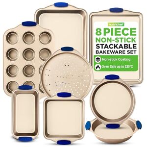 Nutrichef Non-Stick Baking Tray Set 8-Piece , Stackable Bakeware Tins with Cookie Sheet, Roasting Pan, Square Loaf Pan, Pizza Pan, Muffin Pan, Cake Tin, Space-Saving Gold Oven Baking Set Nutrichef Non-Stick Baking Tray Set 8-Piece , Stackable Bakeware Tins with Cookie Sheet, Roasting Pan, Square Loaf Pan, Pizza Pan, Muffin Pan, Cake Tin, Space-Saving Gold Oven Baking Set