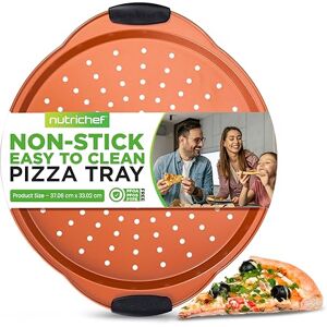 Nutrichef Non-Stick Pizza Tray for Oven, 33cm Round Carbon Steel Baking Trays with Perforated Holes, Silicone Handles, Dishwasher Safe, Pizza Stone Alternative, Copper Nutrichef Non-Stick Pizza Tray for Oven, 33cm Round Carbon Steel Baking Trays with Perforated Holes, Silicone Handles, Dishwasher Safe, Pizza Stone Alternative, Copper