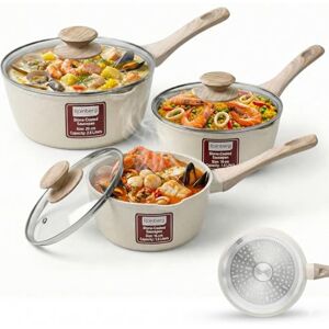 Rainberg Saucepan with Lid, Nonstick Milk Pan Suitable with Induction, Gas and Electric Hobs, Cooking Pot with Pour Spout. (Beige, 3PK 16-18 & 20cm) Rainberg Saucepan with Lid, Nonstick Milk Pan Suitable with Induction, Gas and Electric Hobs, Cooking Pot with Pour Spout. (Beige, 3PK 16-18 & 20cm)