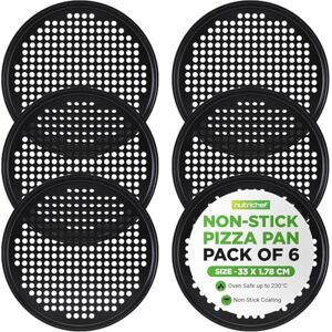 Nutrichef Non-Stick Pizza Pan Set 6-Pack 33cm, Carbon Steel Baking Steel Tray for Oven, Baking Accessories with Cutting Board, Container, Plates, Pans with Holes, Dishwasher Safe Nutrichef Non-Stick Pizza Pan Set 6-Pack 33cm, Carbon Steel Baking Steel Tray for Oven, Baking Accessories with Cutting Board, Container, Plates, Pans with Holes, Dishwasher Safe