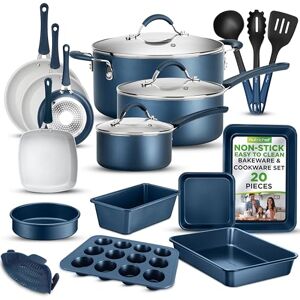 Nutrichef 20 Piece Pots and Pans Set, Bakeware and Cookware Set, Induction Hob Pots Set w/Lids, Non Stick Set, Heat Safe Silicone Handles, Saucepan, Frying Pans, Muffin Tin, Cookie Tray, Utensil-Navy Nutrichef 20 Piece Pots and Pans Set, Bakeware and Cookware Set, Induction Hob Pots Set w/Lids, Non Stick Set, Heat Safe Silicone Handles, Saucepan, Frying Pans, Muffin Tin, Cookie Tray, Utensil-Navy