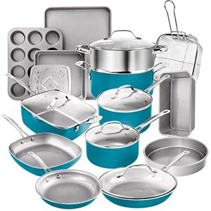 GOTHAM STEEL 7528 Pots and Pans Aqua 20 Piece Pots & Pans, Nonstick Ceramic Cookware + Bakeware Sets – Skillets, Stockpots, Cookie Sheets and More, 100% PFOA Free, Aluminum, Ocean Blue GOTHAM STEEL 7528 Pots and Pans Aqua 20 Piece Pots & Pans, Nonstick Ceramic Cookware + Bakeware Sets – Skillets, Stockpots, Cookie Sheets and More, 100% PFOA Free, Aluminum, Ocean Blue