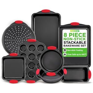 Nutrichef Baking Tray Set, Stackable Bakeware Trays, 8 Piece Non-Stick Oven Safe Baking Sets, Includes: Cookie Sheets Pan, Loaf Pan, Pizza Pan, Muffin Tins, Cake Tin, Black w/ Red Silicone Handles Nutrichef Baking Tray Set, Stackable Bakeware Trays, 8 Piece Non-Stick Oven Safe Baking Sets, Includes: Cookie Sheets Pan, Loaf Pan, Pizza Pan, Muffin Tins, Cake Tin, Black w/ Red Silicone Handles