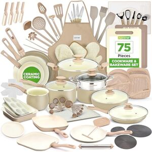 Nutrichef Pots and Pans Set, Nonstick Cookware 75-Piece, Ceramic Pan Collection with Bakeware, Knife Kit, Food-Grade Safe, Stain-Resistant, Cream/Brown, Oven Safe to 190°C Nutrichef Pots and Pans Set, Nonstick Cookware 75-Piece, Ceramic Pan Collection with Bakeware, Knife Kit, Food-Grade Safe, Stain-Resistant, Cream/Brown, Oven Safe to 190°C