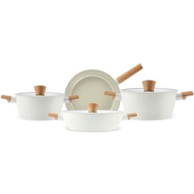 KARACA Swiss Crystal Ceramic Almond Cookware Set Non Stick Pots and Pans Set with Lid PFAS-Free, Induction Hob Compatible Cookware, Cream, 7 Piece KARACA Swiss Crystal Ceramic Almond Cookware Set Non Stick Pots and Pans Set with Lid PFAS-Free, Induction Hob Compatible Cookware, Cream, 7 Piece