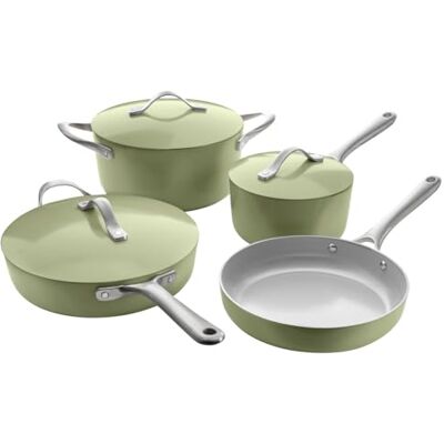 ProCook Soho Sage Green Cookware Set Ceramic Non Stick PFAS Free Aluminium Induction and Oven Safe 4 Piece Pots and Pans Set 18cm 24cm 26cm ProCook Soho Sage Green Cookware Set Ceramic Non Stick PFAS Free Aluminium Induction and Oven Safe 4 Piece Pots and Pans Set 18cm 24cm 26cm
