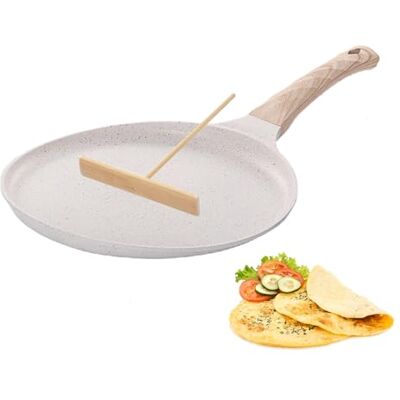 WEELOO Non Stick Crepe Pan, Pancake Pan Induction Hob Crepe Pan 24cm with Wooden Batter Spreader, Cast Die-Cast Aluminum Pan with Non-Stick Coating for Fried Eggs, Steak, Bacon & Sausages -White WEELOO Non Stick Crepe Pan, Pancake Pan Induction Hob Crepe Pan 24cm with Wooden Batter Spreader, Cast Die-Cast Aluminum Pan with Non-Stick Coating for Fried Eggs, Steak, Bacon & Sausages -White