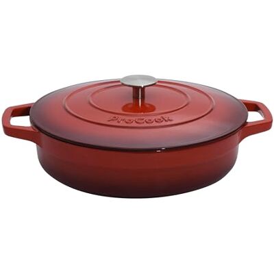 ProCook Red Shallow Oval Cast Iron Casserole Dish with Self Basting Lid Enamel Coated Induction & Oven Safe Cookware 28cm / 3.9L ProCook Red Shallow Oval Cast Iron Casserole Dish with Self Basting Lid Enamel Coated Induction & Oven Safe Cookware 28cm / 3.9L