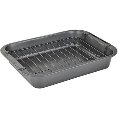 Wiltshire Easybake Large Roasting Tray with Wire Rack, Pan Roaster for Meat and Vegetables, Tray Bakes, Non-Stick PFAS Free, Dishwasher Safe, Carbon Steel, Oven Safe, Even Cooking, 32.5x25x6cm, Grey Wiltshire Easybake Large Roasting Tray with Wire Rack, Pan Roaster for Meat and Vegetables, Tray Bakes, Non-Stick PFAS Free, Dishwasher Safe, Carbon Steel, Oven Safe, Even Cooking, 32.5x25x6cm, Grey