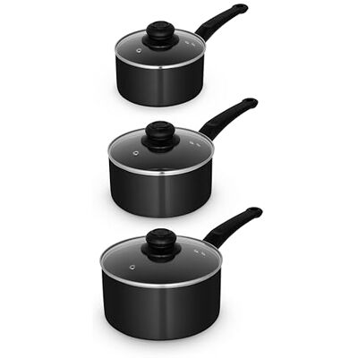 Swan Townhouse 3 Piece Saucepan Set with 16/18/20cm Saucepans with Glass Lids, Bakelite Handles, Suitable for All Hob Types (excluding Induction), Oven Safe, Black Swan Townhouse 3 Piece Saucepan Set with 16/18/20cm Saucepans with Glass Lids, Bakelite Handles, Suitable for All Hob Types (excluding Induction), Oven Safe, Black
