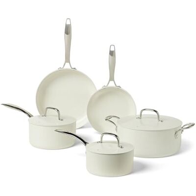Amazon Basics Ceramic Nonstick Cookware, 8-Piece Set of Pots and Pans, Dishwasher and Oven-Safe, All Cooktop Friendly, Ivory Amazon Basics Ceramic Nonstick Cookware, 8-Piece Set of Pots and Pans, Dishwasher and Oven-Safe, All Cooktop Friendly, Ivory