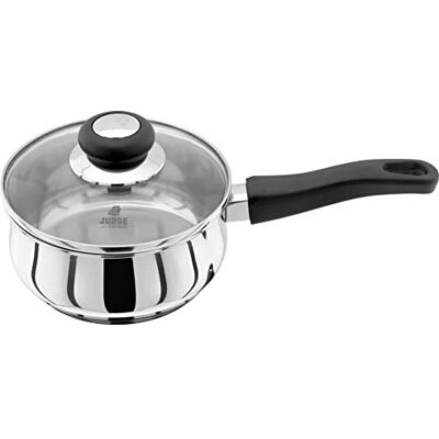 Judge Vista Stainless Steel Medium Saucepan, 16cm, 1L Shatterproof Vented Glass Lid, Induction Ready, Oven Safe Judge Vista Stainless Steel Medium Saucepan, 16cm, 1L Shatterproof Vented Glass Lid, Induction Ready, Oven Safe