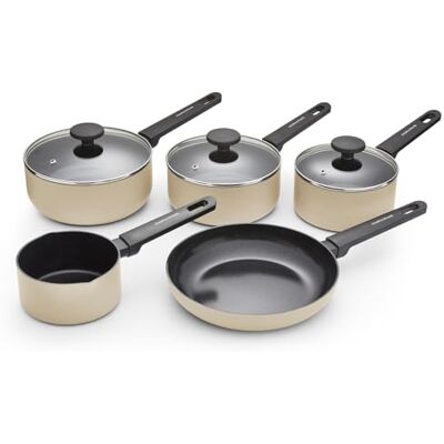 Morphy Richards 5-Piece Saucepan Set, Recycled Aluminium, 14cm Milk Pan, 23cm Frying Pan, 16cm, 18cm & 20cm Saucepan, Non Stick Coating, Soft Touch Handles, Suitable for All Hobs, Cream Morphy Richards 5-Piece Saucepan Set, Recycled Aluminium, 14cm Milk Pan, 23cm Frying Pan, 16cm, 18cm & 20cm Saucepan, Non Stick Coating, Soft Touch Handles, Suitable for All Hobs, Cream
