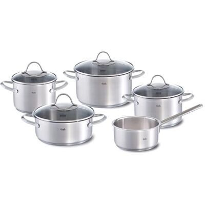 Fissler Palermo/Stainless Steel Saucepan Set of 5 Pots with Glass Lids (3 Saucepans, 1 Stewing Pan, 1 Saucepan) Induction Fissler Palermo/Stainless Steel Saucepan Set of 5 Pots with Glass Lids (3 Saucepans, 1 Stewing Pan, 1 Saucepan) Induction